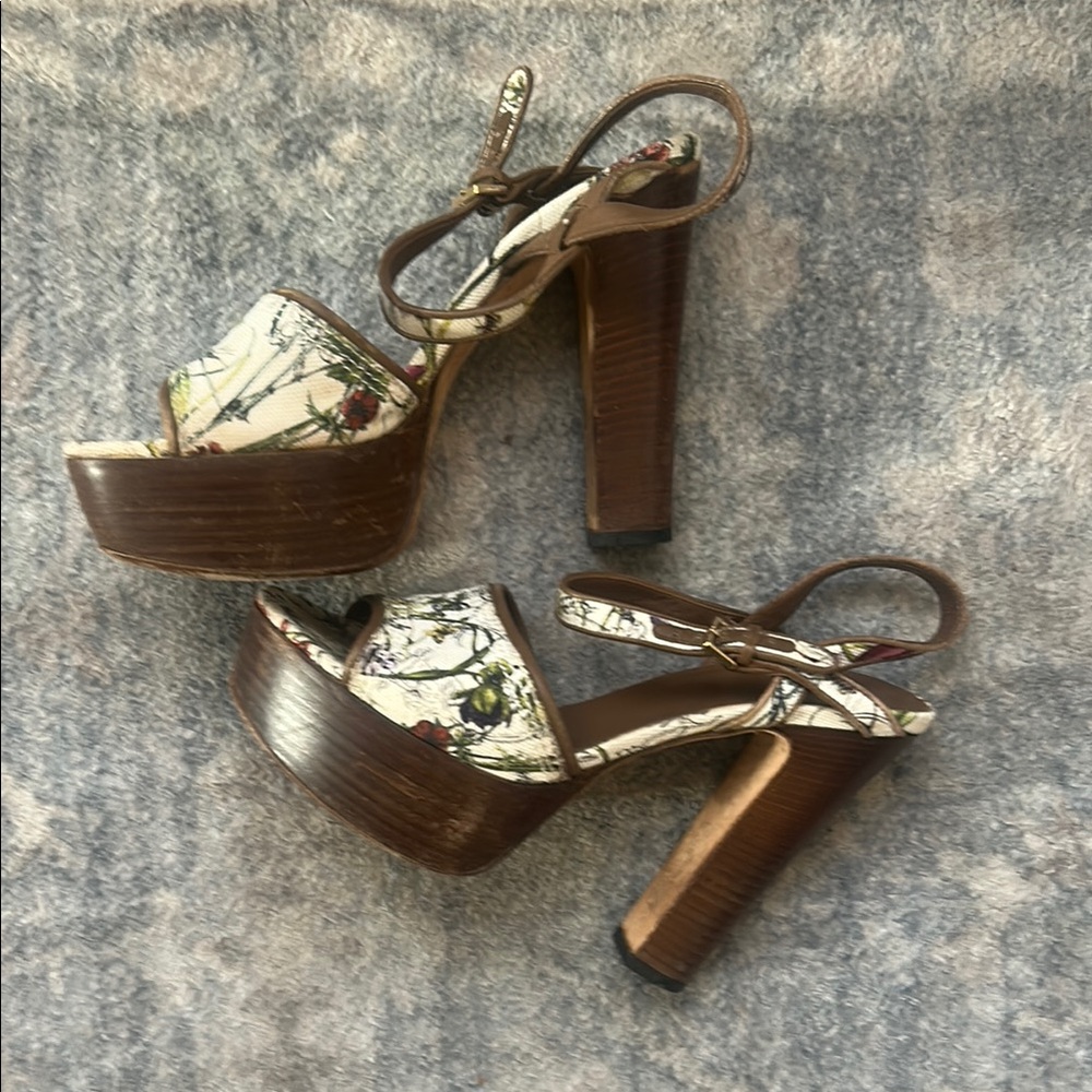 GUCCI DANIELLE Platform Sandal Flora Canvas Chunky Heel ICONIC RARE 38 1/2